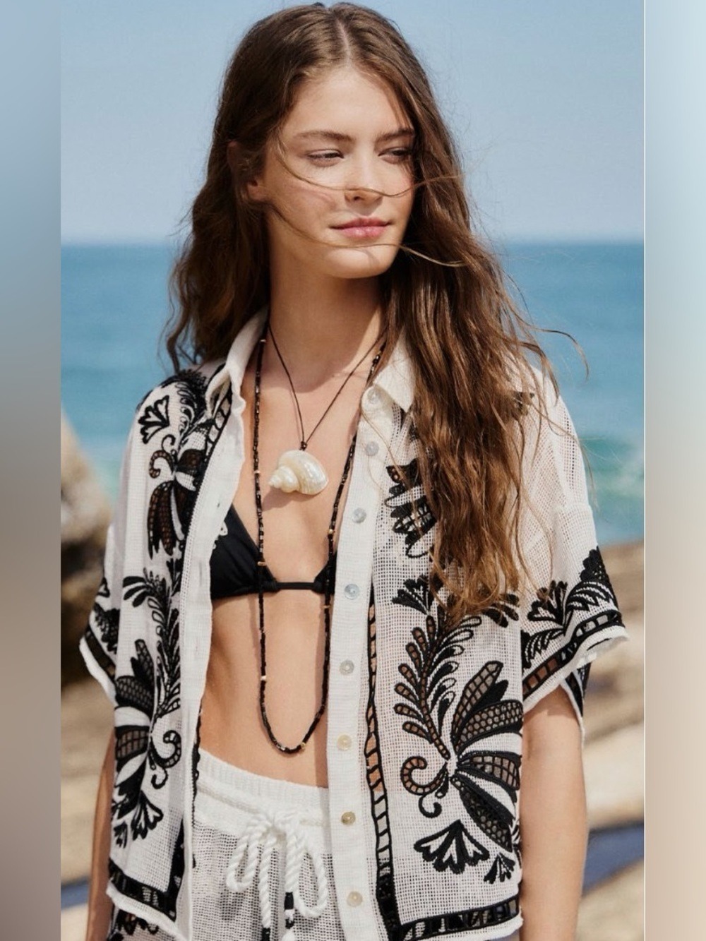 Farm Rio Copacabana Beach Off- White Fishnet Blouse